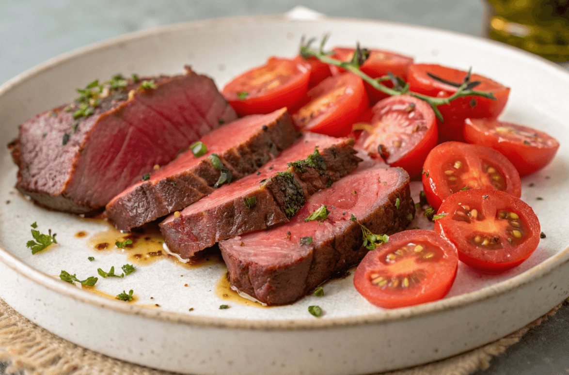 Image of a caprese salad with fresh slices of beef tomatoes, mozzarella, and basil.