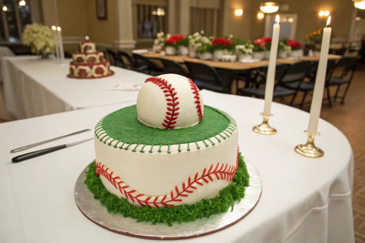 baseball cake with smooth white frosting and red icing stitches, resembling a real