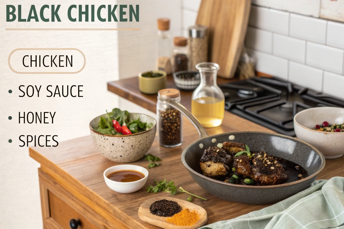 Black chicken served as a gourmet dinner with fresh herbs and vegetables