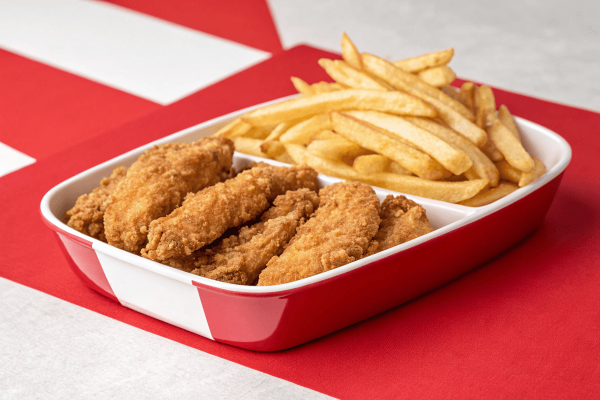 A delicious plate of crispy chicken tenders and golden fries served with dipping sauces.