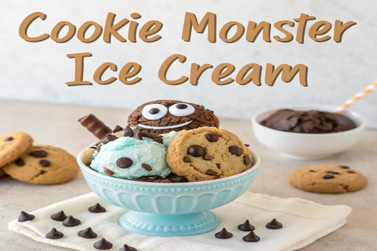 A delicious bowl of Cookie Monster ice cream with chocolate chip cookies and blue-colored vanilla ice cream.