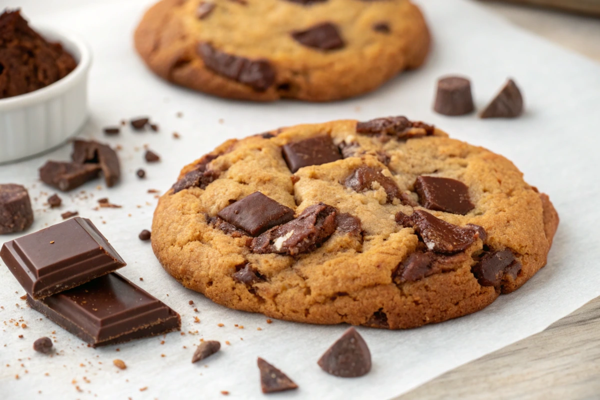 Freshly baked double chunk chocolate cookies with gooey chocolate chunks on a wooden table.