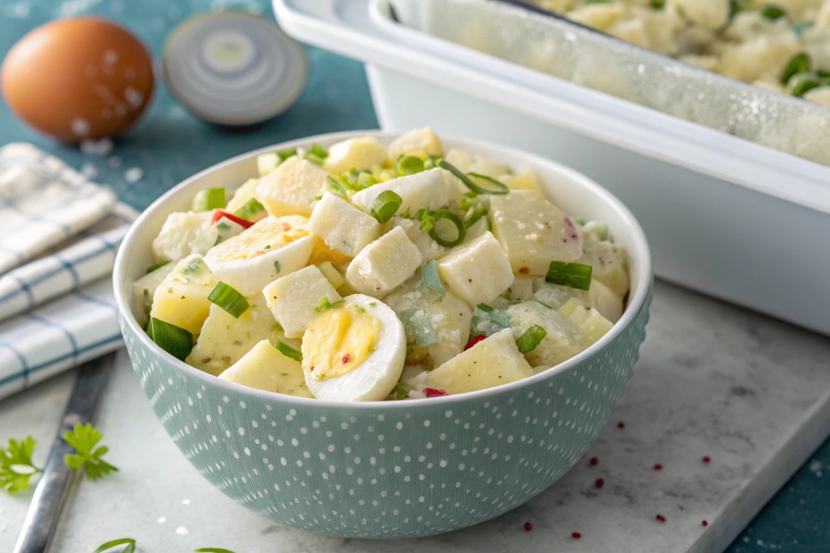 Vinegar-based potato salad with olive oil and mustard in a rustic bowl.