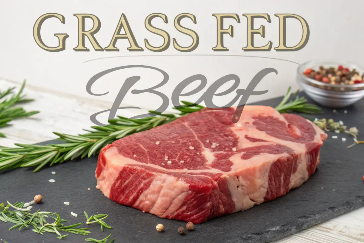 A close-up of a freshly cooked grass-fed beef steak on a rustic wooden table with fresh herbs.