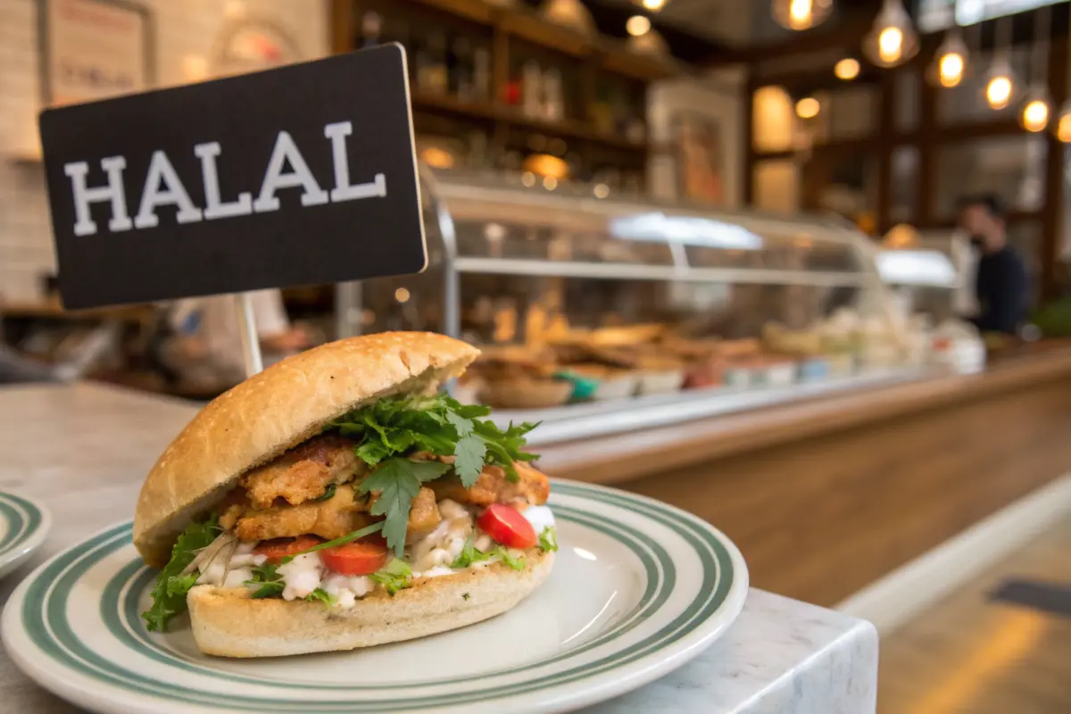 A freshly made halal chicken sandwich near me with crispy chicken, lettuce, and sauce in a toasted bun.