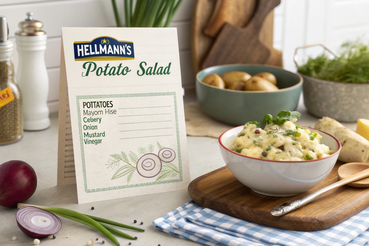 A bowl of creamy Hellmann's potato salad with fresh herbs, diced celery, and perfectly cooked potatoes, served on a rustic wooden table.