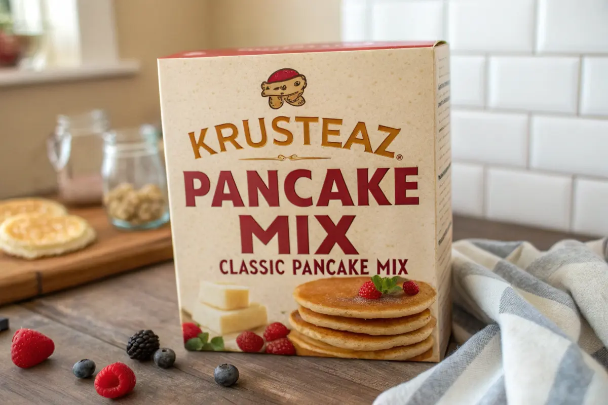 A stack of fluffy pancakes made with Krusteaz Pancake Mix served with syrup and butter.