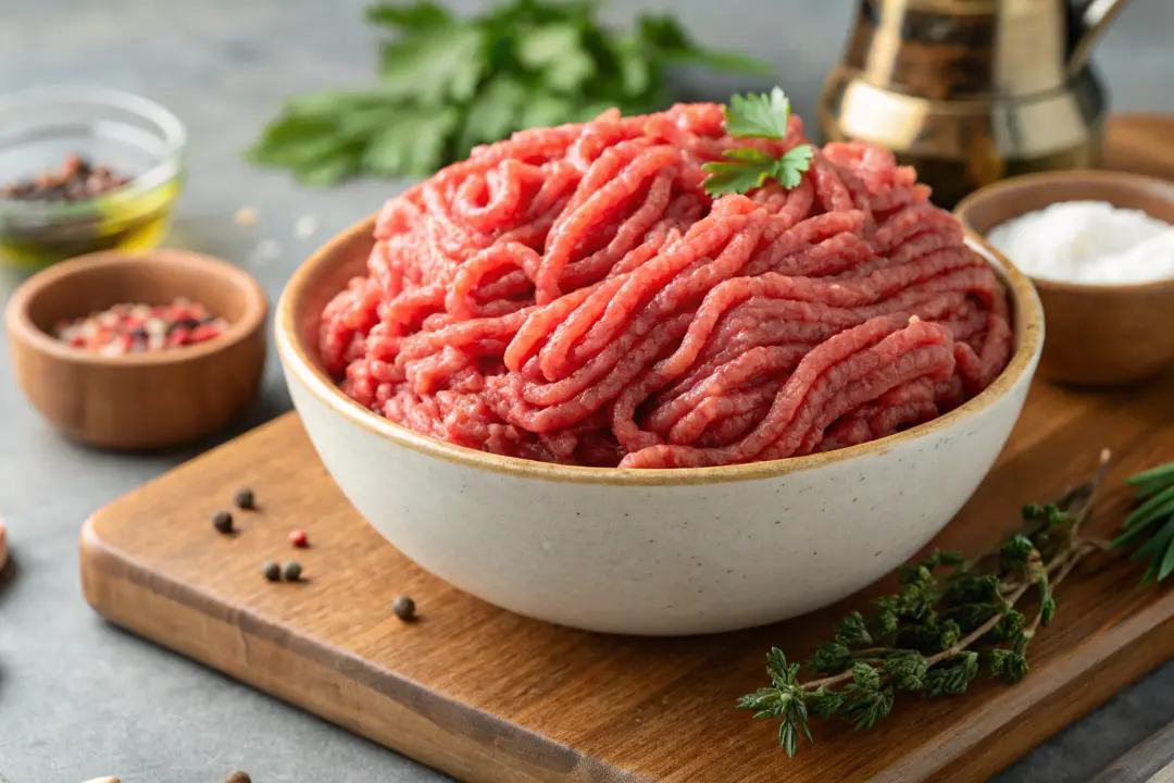 Fresh lean ground beef on a wooden cutting board surrounded by spices and herbs.