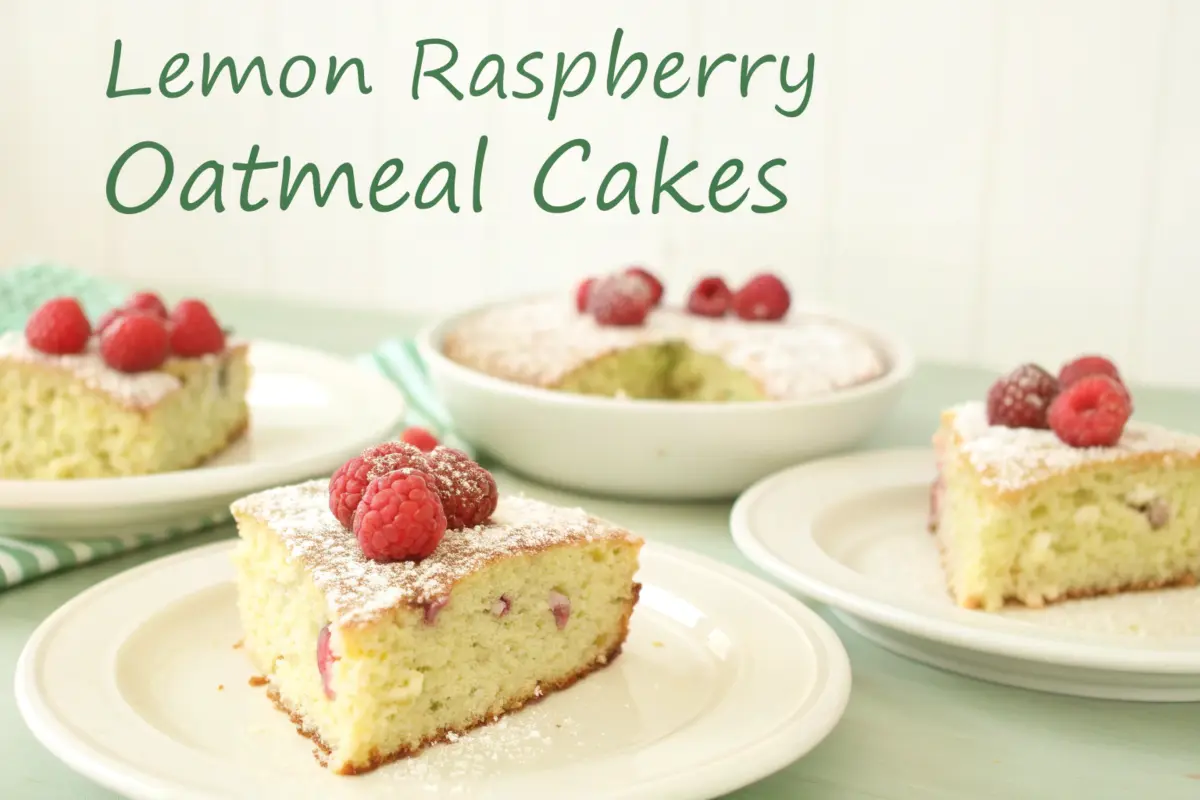 Breakfast Lemon Raspberry Cream Cheese Oatmeal Cakes served on a plate with fresh raspberries and lemon slices