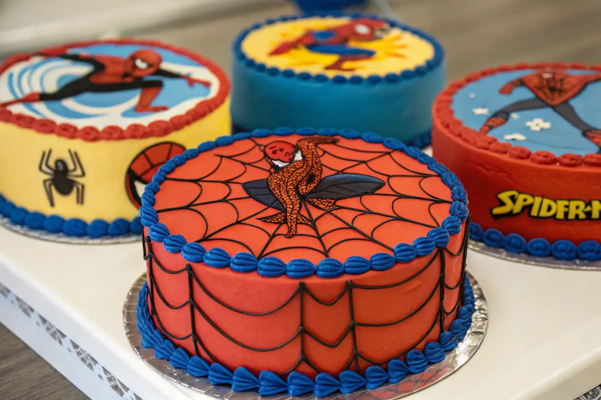 Spiderman-themed birthday cake with vibrant red and blue frosting.