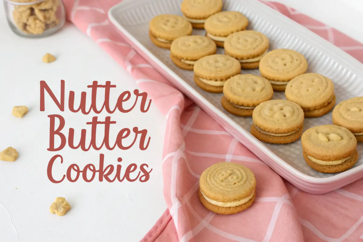 Nutter Butter cookies on a wooden table with peanut butter spread.