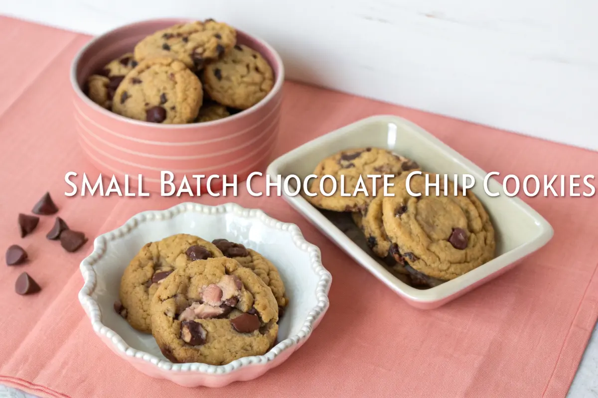 A plate of freshly baked small batch chocolate chip cookies with a golden-brown crust and gooey chocolate centers.