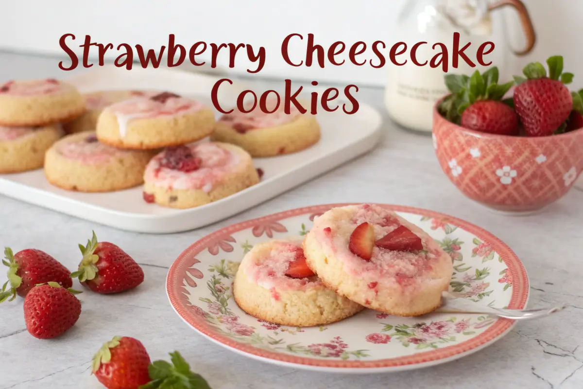 Delicious homemade strawberry cheesecake cookies with a creamy filling and vibrant strawberry topping