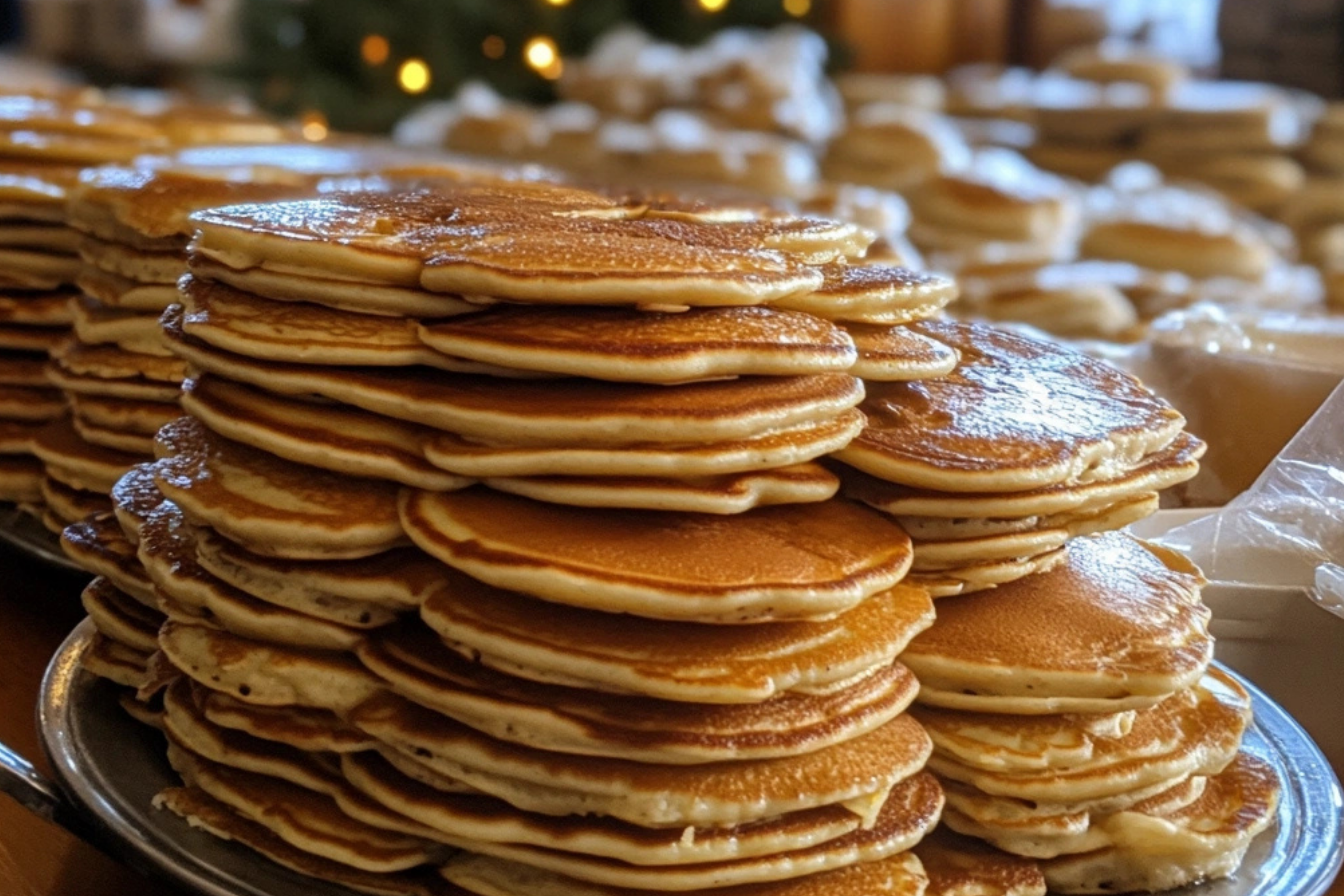 A delicious pancake breakfast with syrup, butter, and fresh fruits.