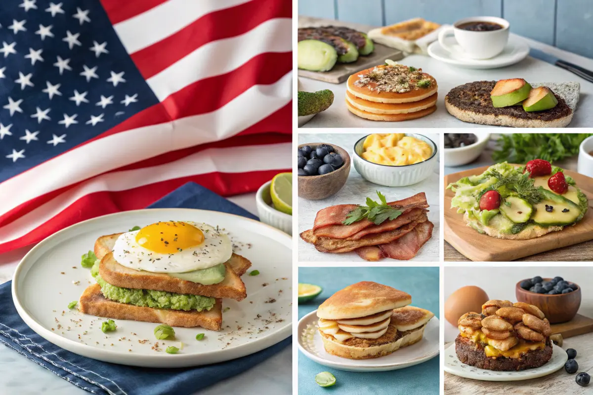 A variety of new American breakfast dishes including avocado toast, scrambled eggs, and freshly brewed coffee.