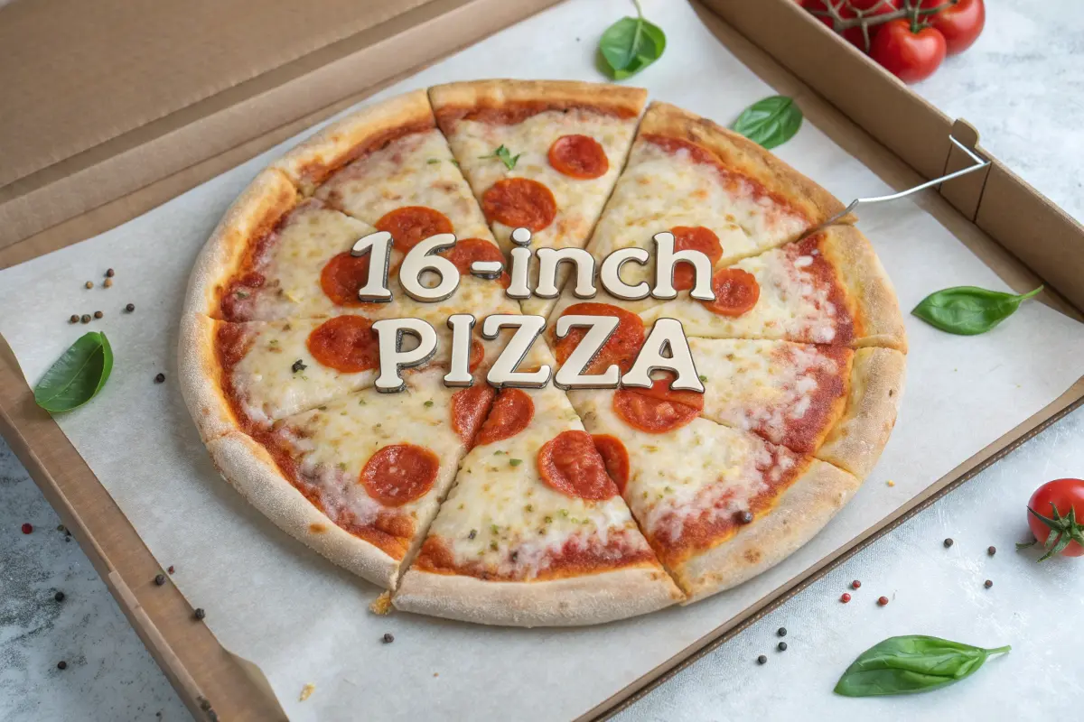 A freshly baked 16-inch pizza with cheese and pepperoni toppings on a wooden table