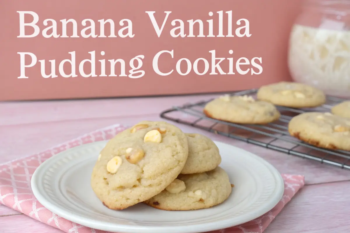 A plate of soft and chewy banana vanilla pudding cookies with a golden-brown exterior, garnished with banana slices and vanilla pods.