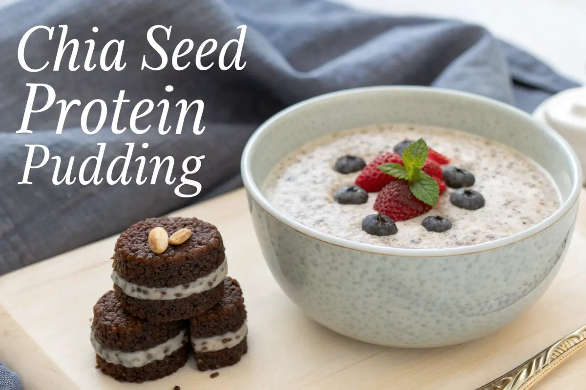 Chia seed protein pudding served in a glass jar with fresh fruits and granola as a healthy breakfast option.