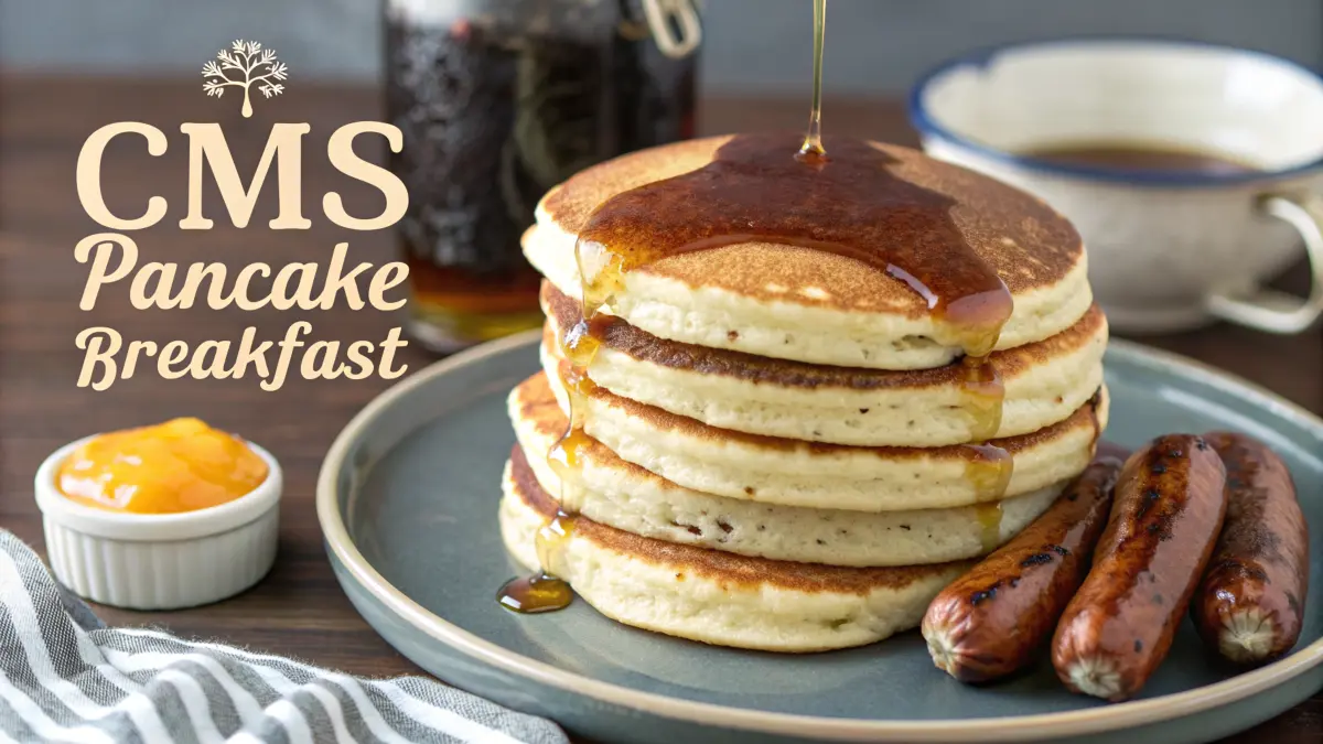 A delicious pancake breakfast with syrup, butter, and fresh fruits.