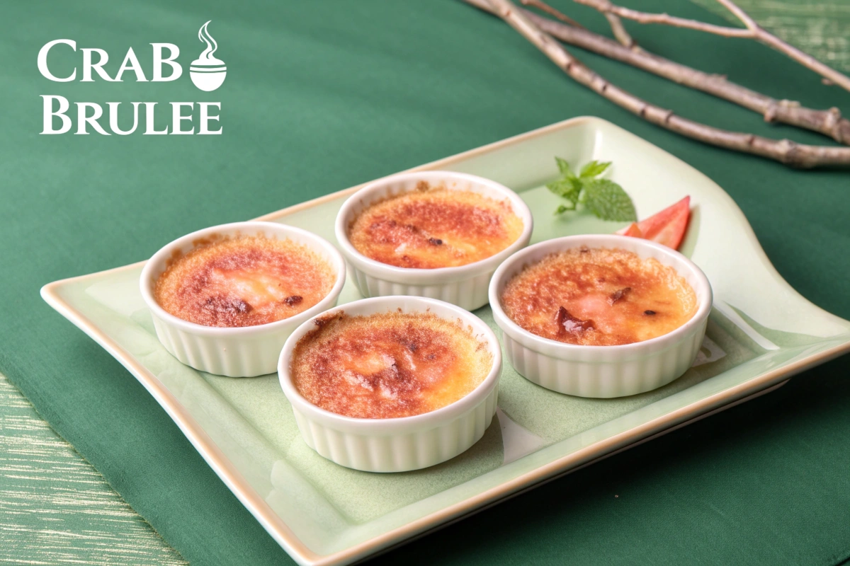 A gourmet serving of Crab Brulee, topped with a caramelized crispy layer, garnished with fresh herbs.