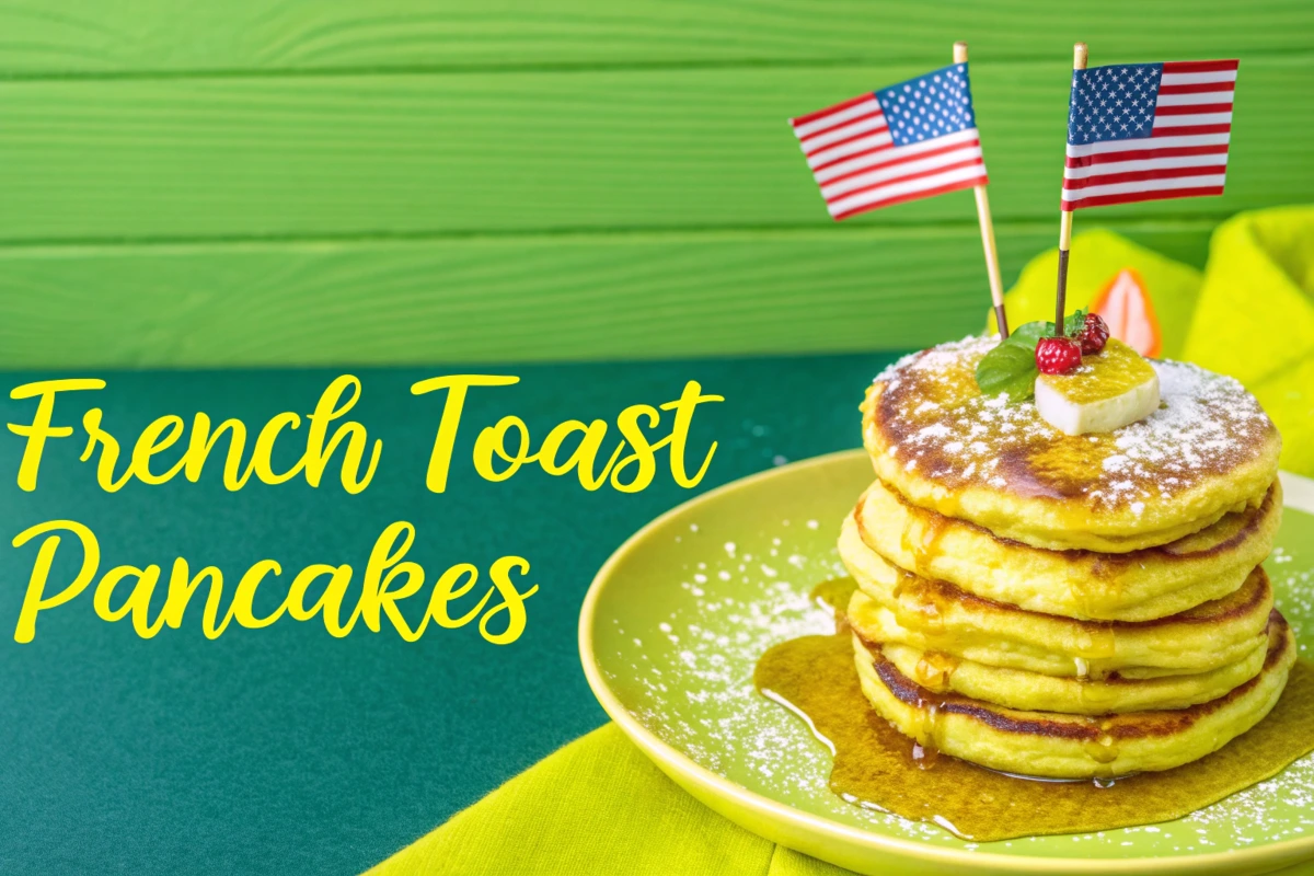 Delicious stack of French toast pancakes topped with fresh berries, powdered sugar, and maple syrup.