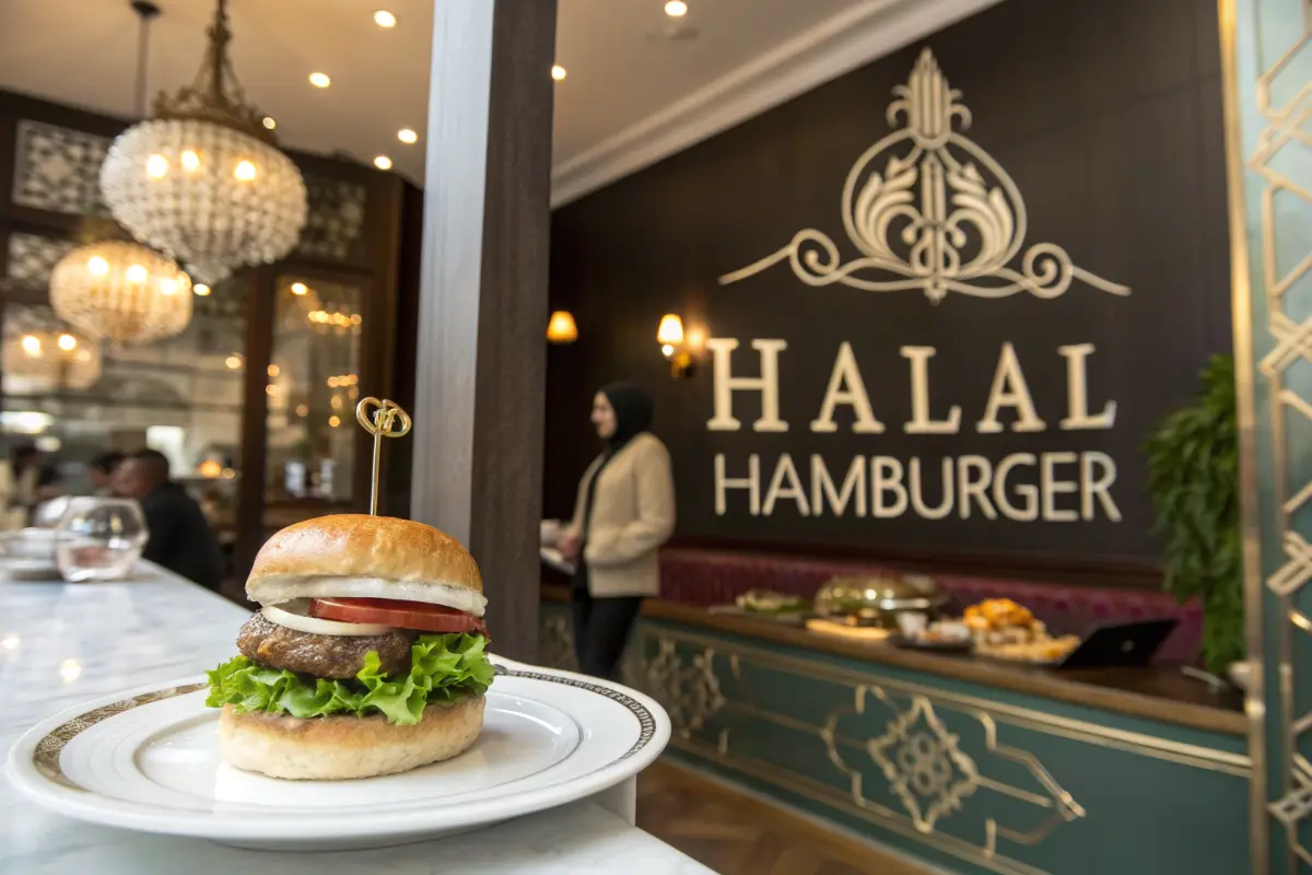 Delicious halal hamburger with fresh toppings and halal-certified meat