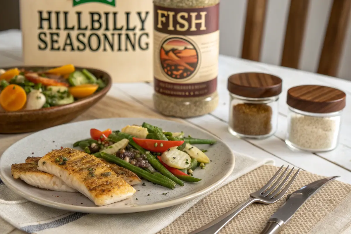 A jar of hillbilly fish seasoning with a wooden spoon and fresh herbs.