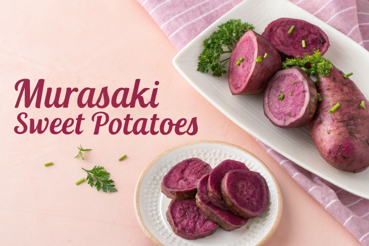 Murasaki sweet potatoes cooked in different recipes, showcasing their vibrant purple skin and creamy flesh.