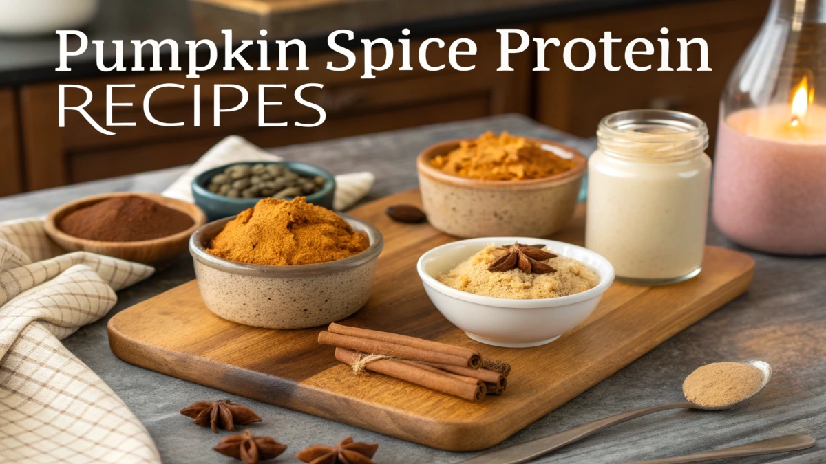 A variety of pumpkin spice protein dishes, including pancakes, smoothies, muffins, and energy balls, displayed on a rustic wooden table