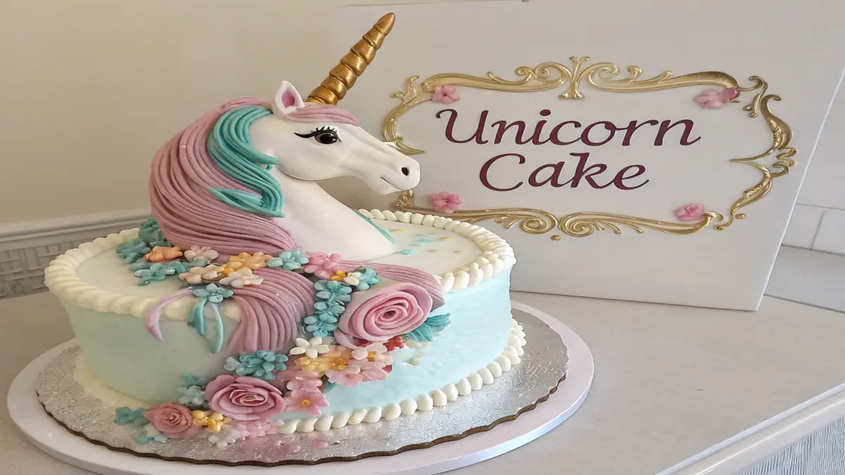 A colorful unicorn cake with a golden horn and buttercream mane