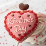 Valentine's Day cake pops decorated with pink, red, and white sprinkles on a wooden table.