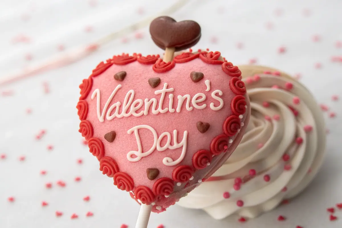 Valentine's Day cake pops decorated with pink, red, and white sprinkles on a wooden table.