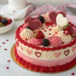 Heart-shaped Valentine’s Day cake with rose decorations