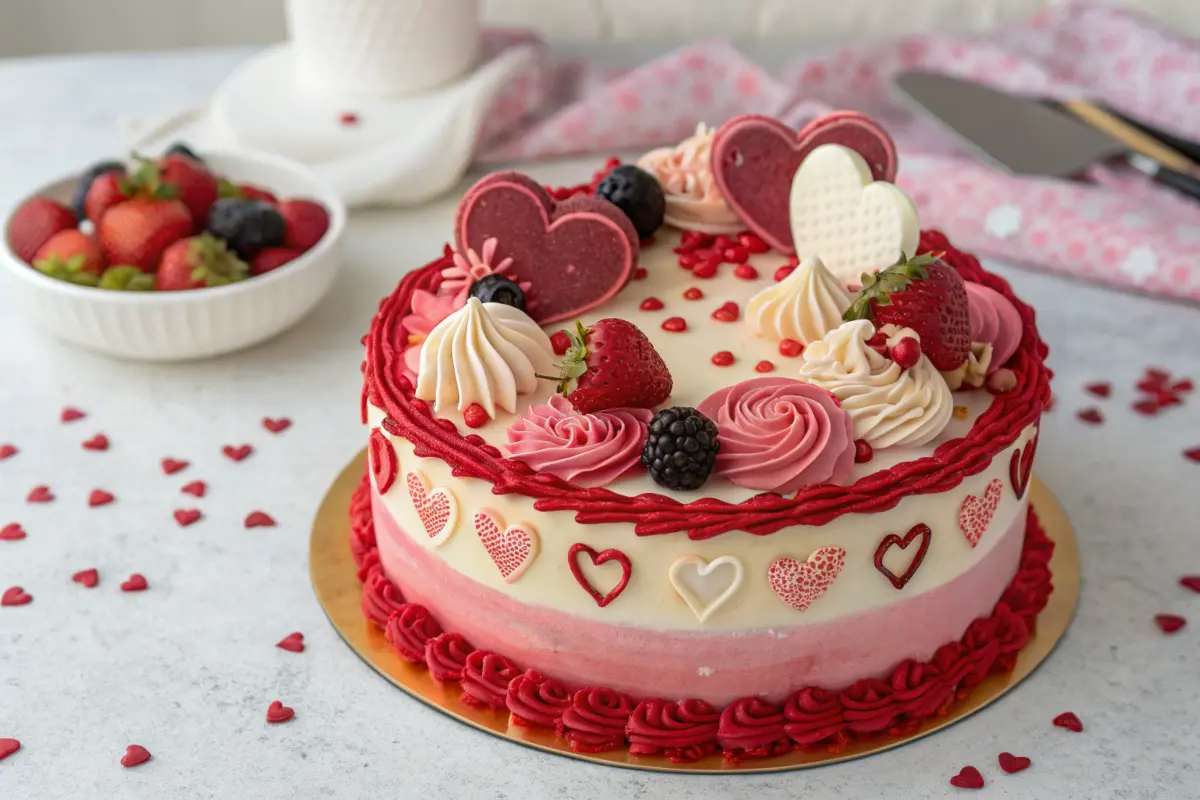 Heart-shaped Valentine’s Day cake with rose decorations