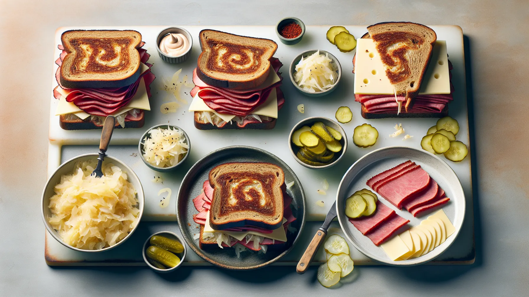 Ingredients for a classic Reuben sandwich, including rye bread, corned beef, Swiss cheese, sauerkraut, Russian dressing, and butter.
