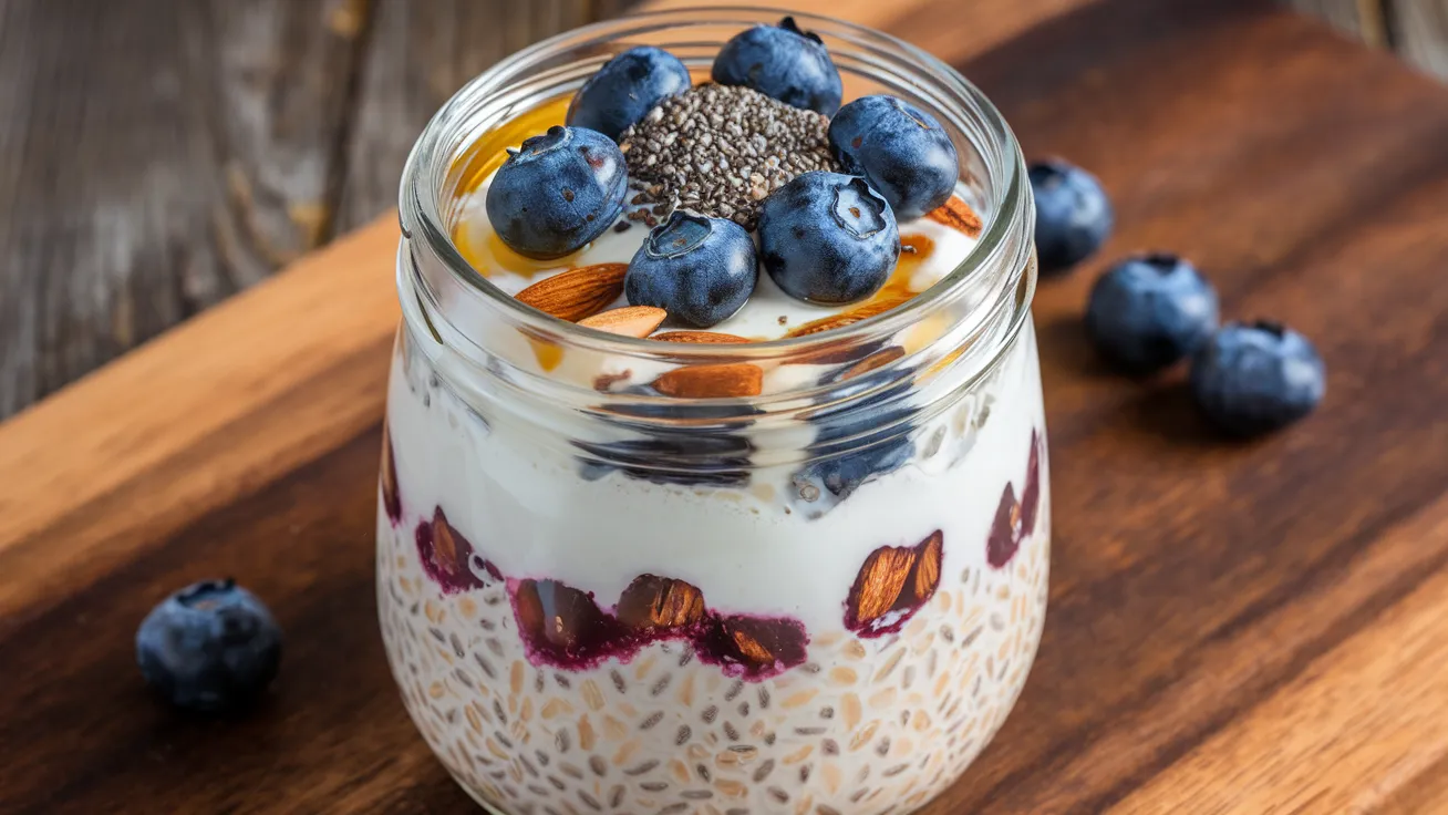 A jar of creamy overnight oats topped with fresh berries and nuts