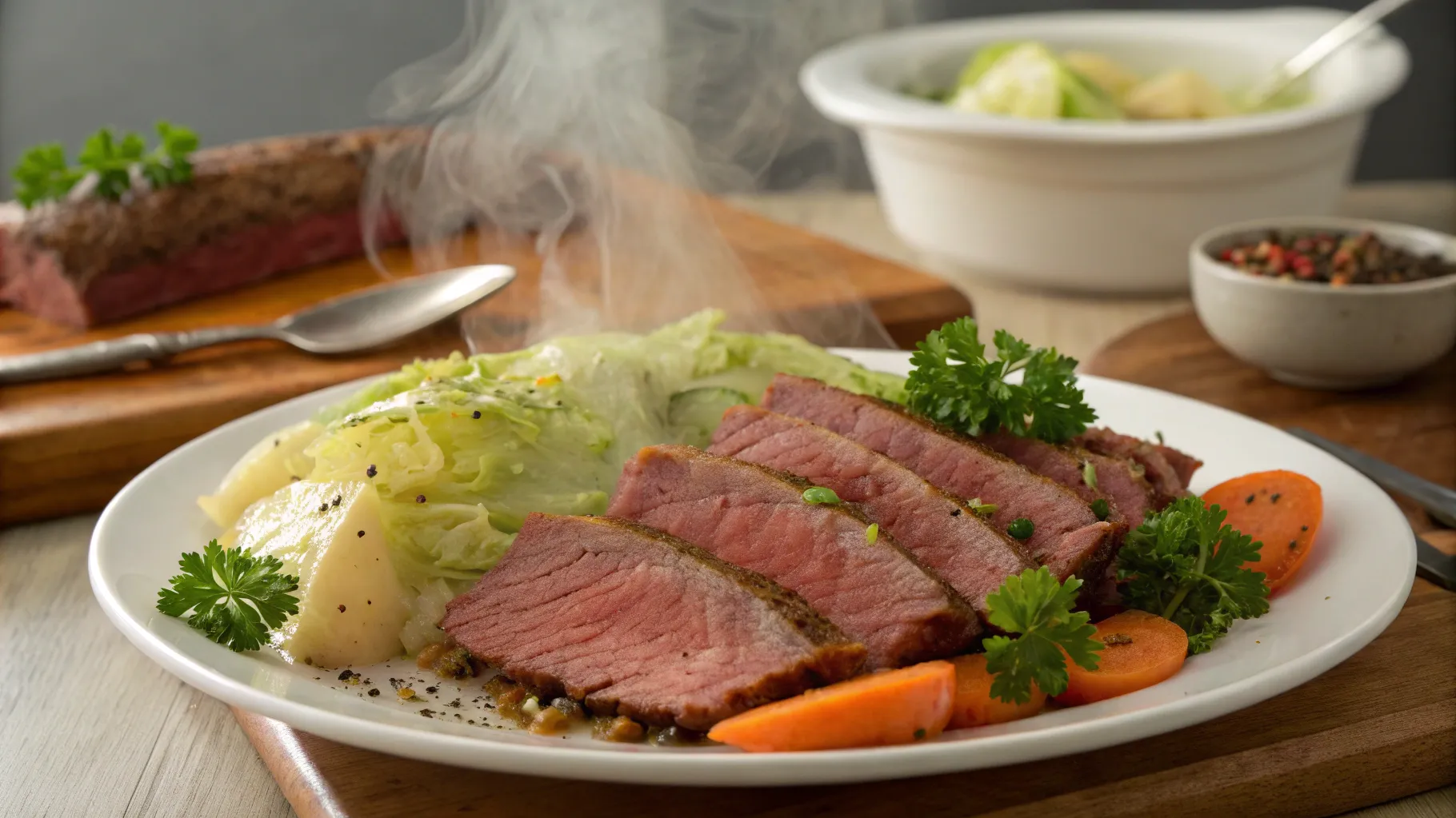 Corned beef and cabbage served on a plate with vegetables.