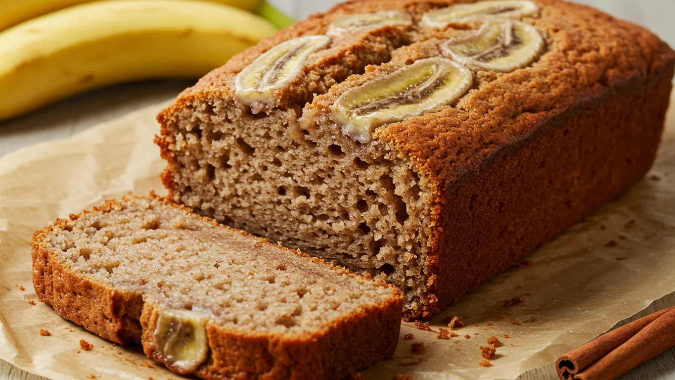 A freshly baked AIP banana bread on a cooling rack, with a kitchen towel beside it.