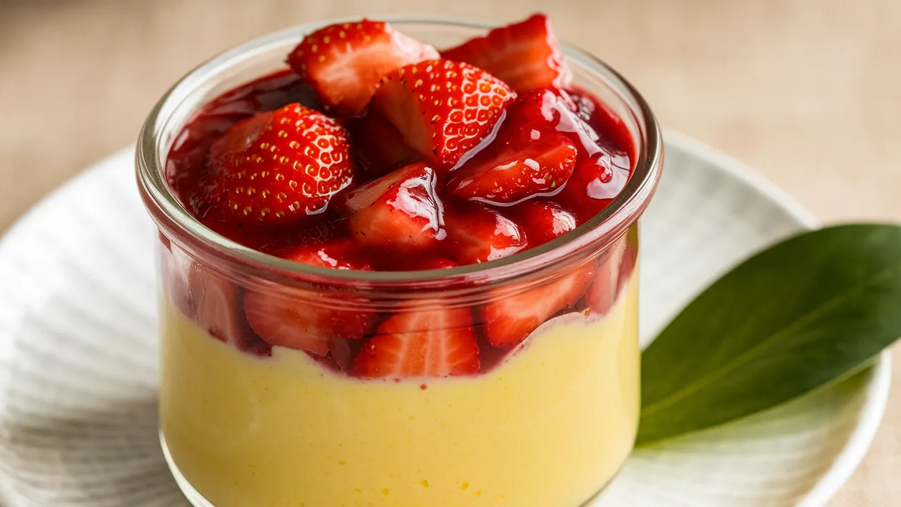Bright and colorful vegan lemon custard with strawberry compote