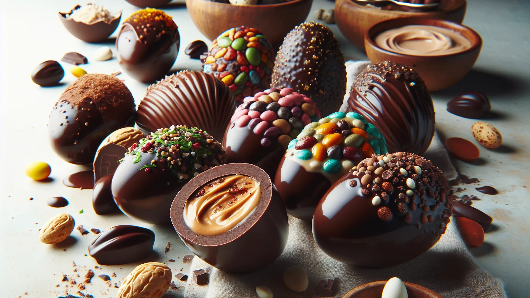 Vegan chocolate covered Easter eggs with a glossy dark chocolate shell and matcha drizzle on a white ceramic plate