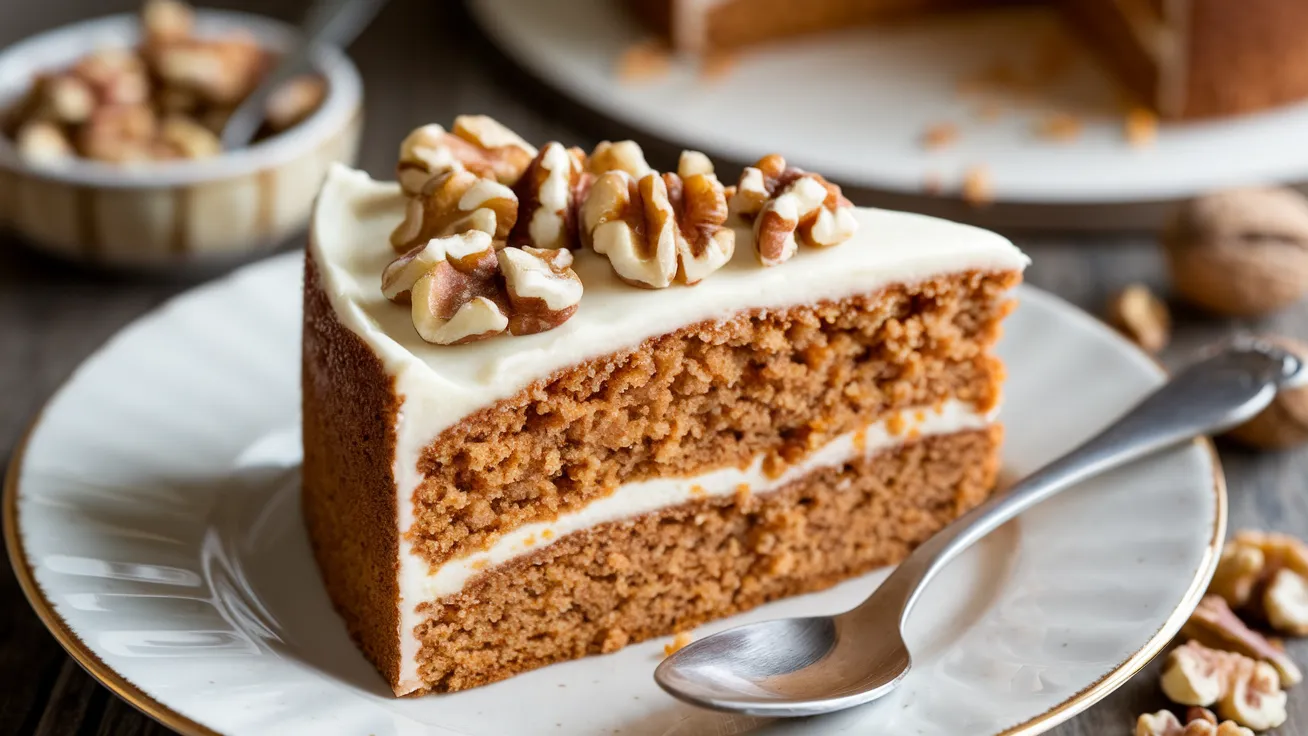 A slice of moist gluten-free carrot cake topped with cream cheese frosting and walnut halves, served on a white plate with a spoon.