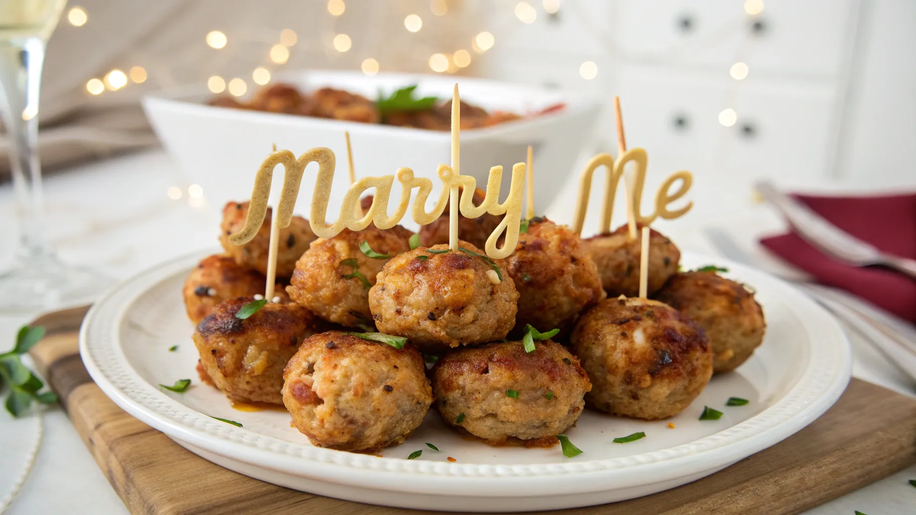 A plate of golden-brown meatballs garnished with parsley, with decorative toothpicks that spell “Marry Me” on top.
