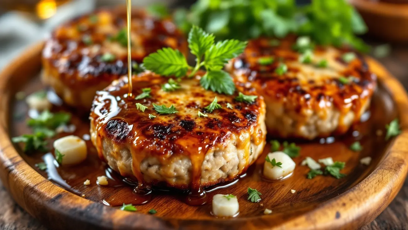 Plant-based maple breakfast sausage patties on wooden plate