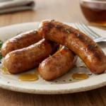 Maple breakfast sausages cooking in a skillet