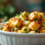 gluten free stuffing baked in ceramic dish with herbs