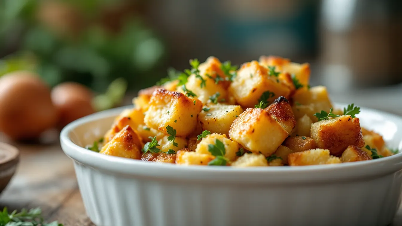 gluten free stuffing baked in ceramic dish with herbs