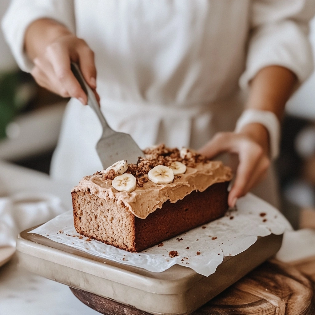 A slice of AIP banana bread with a smear of coconut butter on top.