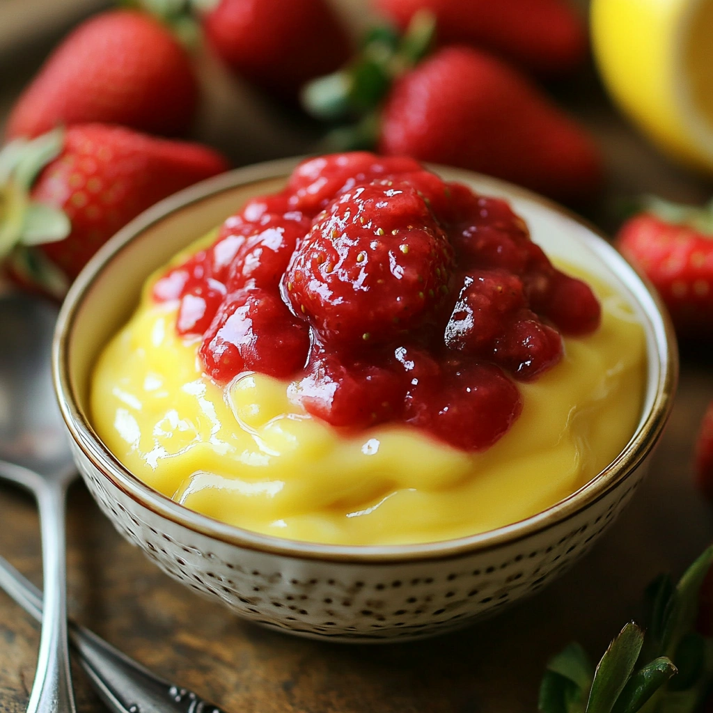 Lemon-custard-with-strawberry-compote-vegan1.webp Vegan lemon custard with fresh strawberry compote in clear jars