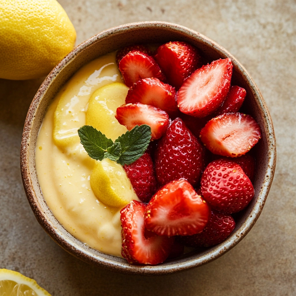 Lemon-Custard-with-Strawberry-Compote-Vegan3.webp Close-up of creamy vegan lemon custard with strawberry compote