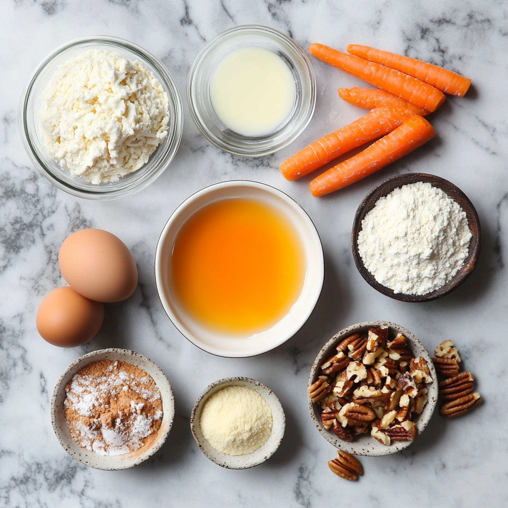 gluten-free-carrot-cake-ingredients-flatlay.webp Ingredients for gluten free carrot cake including almond flour, carrots, and eggs